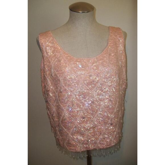 Vintage 1960's Pink Sequined & Beaded 100% Wool Sleeveless Top L